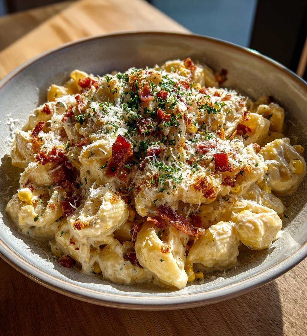 Krämig kycklingpasta med majs bacon och parmesan - Enkel och God!