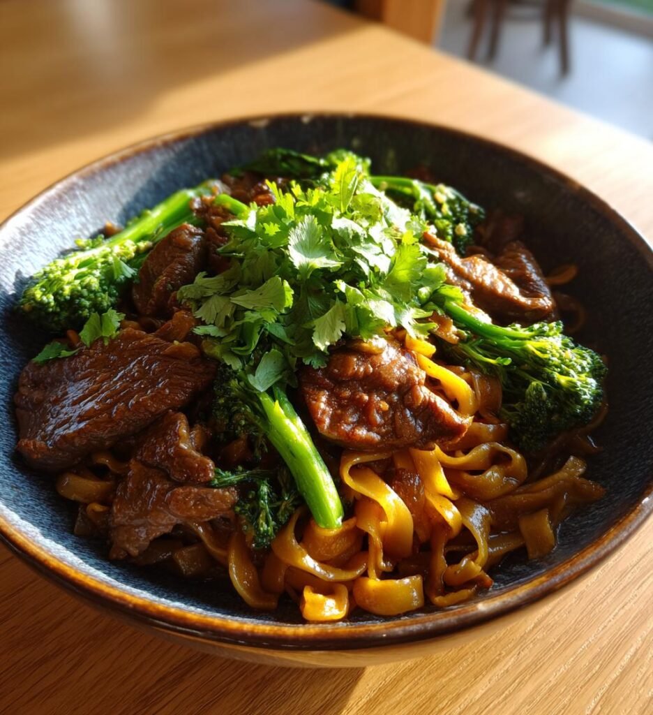 Nudelwok med nötkött broccoli och ingefära