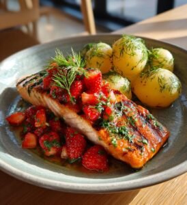Grillad lax med jordgubbssalsa och färskpotatis