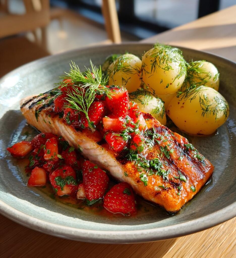 Grillad lax med jordgubbssalsa och färskpotatis