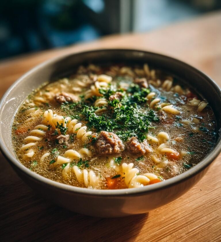 Krämig köttfärssoppa med pasta och örter