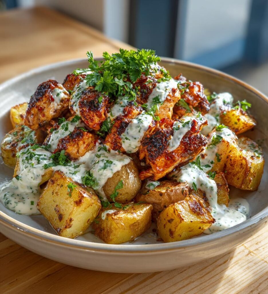 Hot honey-kyckling med rostad potatis och ranchsås