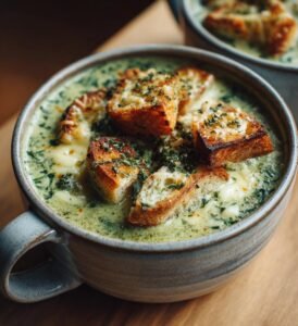 Broccolisoppa med ost och vitlöksbröd