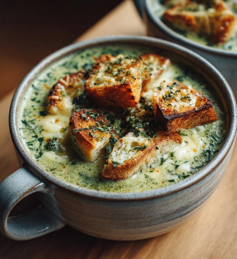Broccolisoppa med ost och vitlöksbröd
