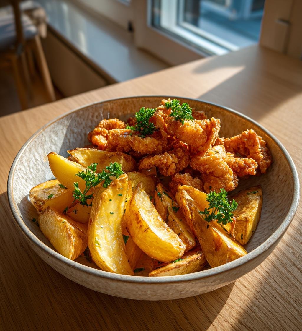 Krispiga kycklingbitar med honungssenap och klyftpotatis - Enkel och God