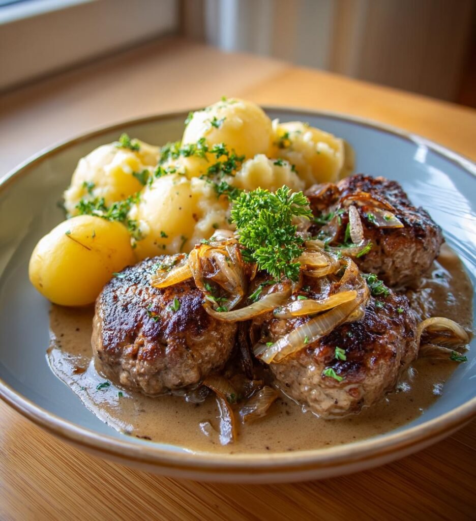 Pannbiff med stekt lök och skysås