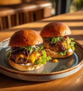 Grillade hamburgare med karamelliserad lök och cheddar