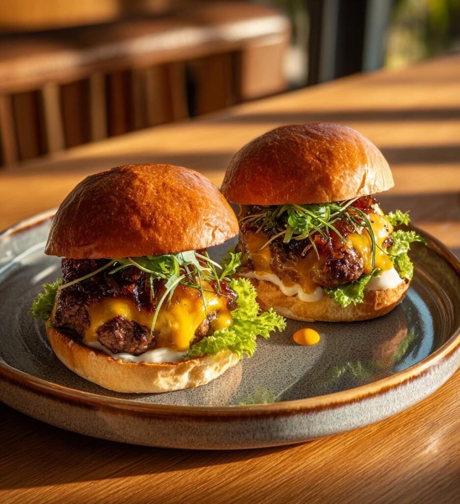 Grillade hamburgare med karamelliserad lök och cheddar