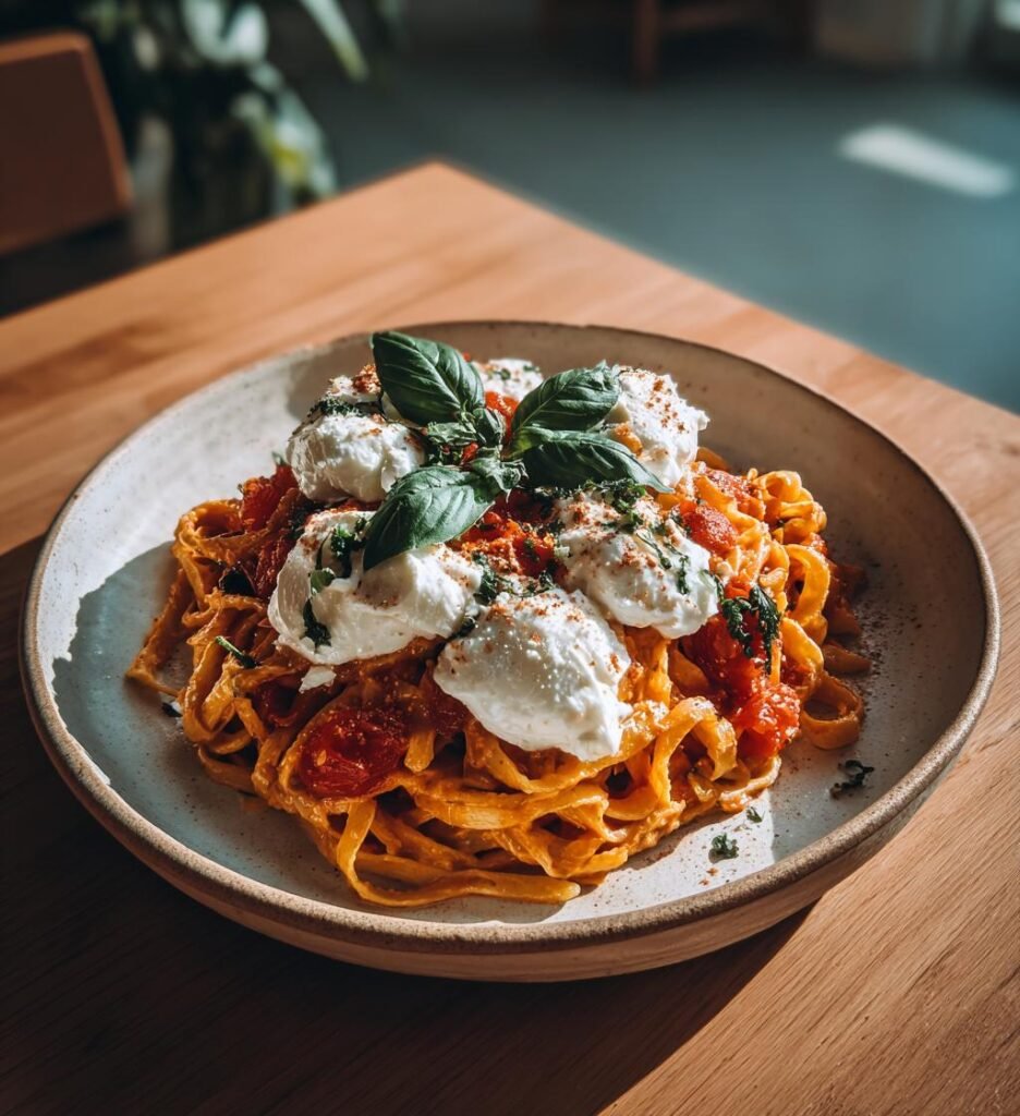 Pasta med rostad paprikasås och burrata