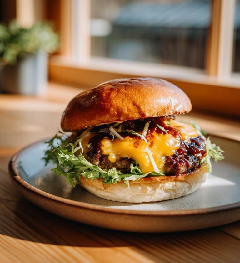 Grillade hamburgare med karamelliserad lök och cheddar