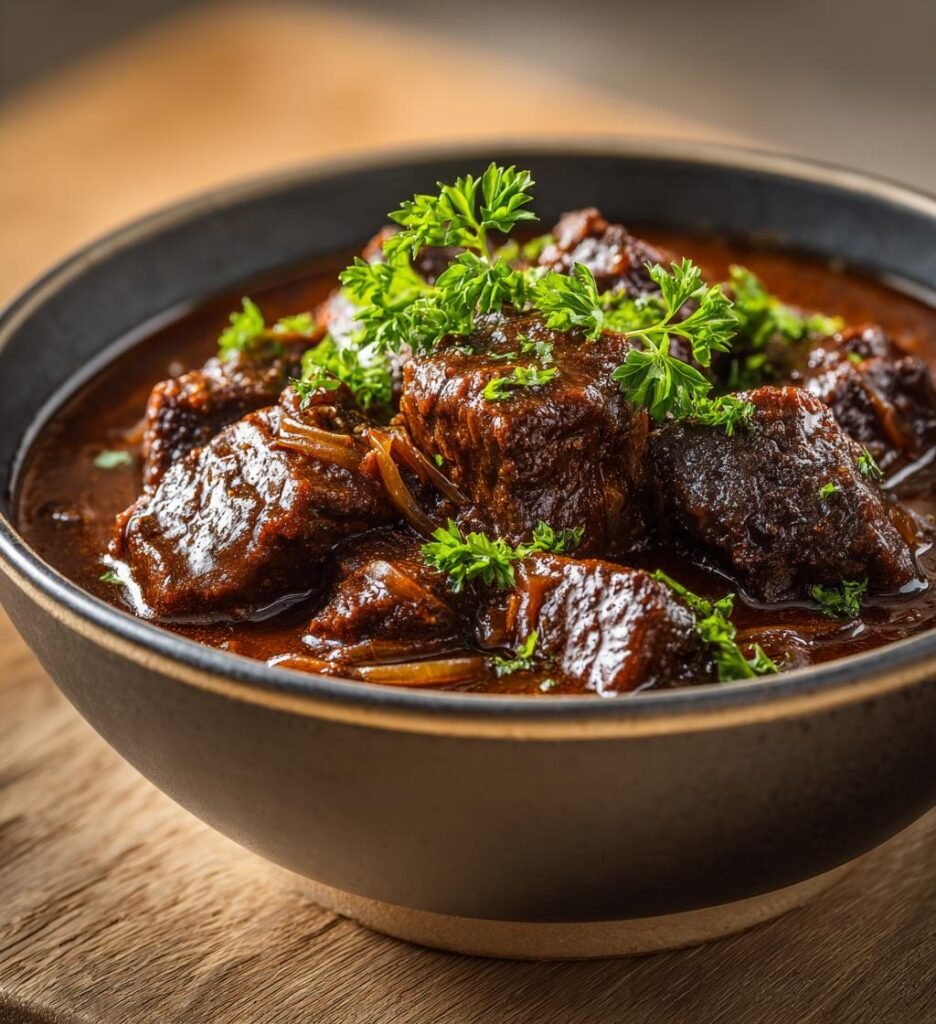 Mustig nötköttsgryta med mörkt öl och lök