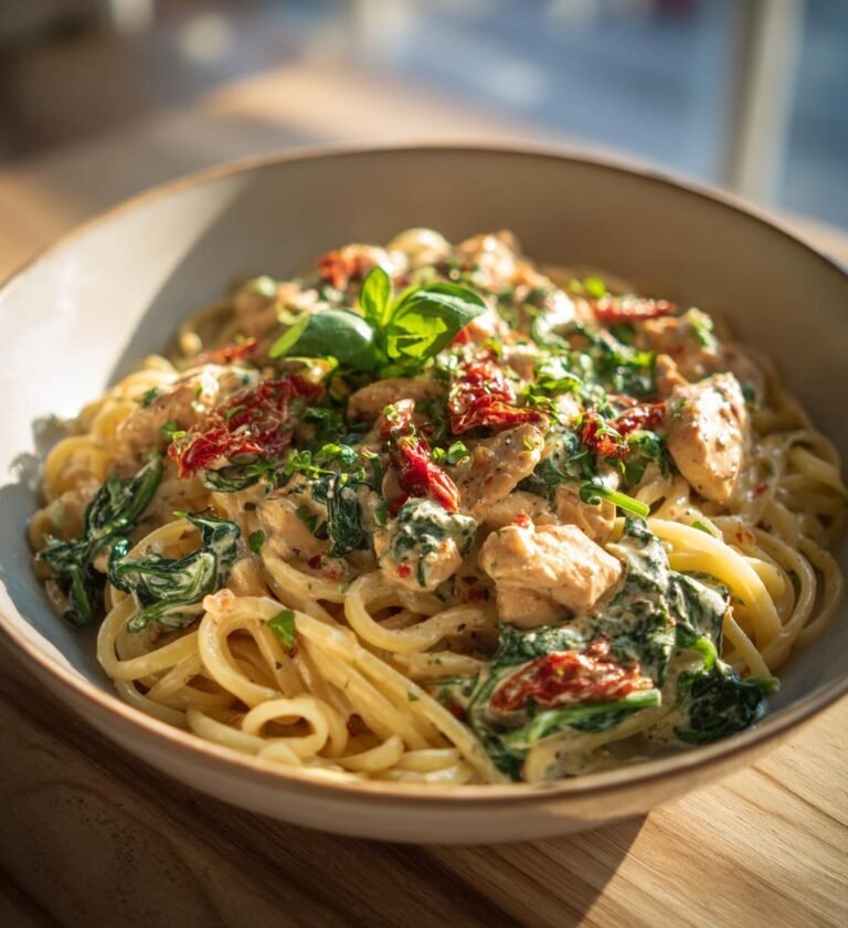 Krämig pasta med kyckling och soltorkade tomater