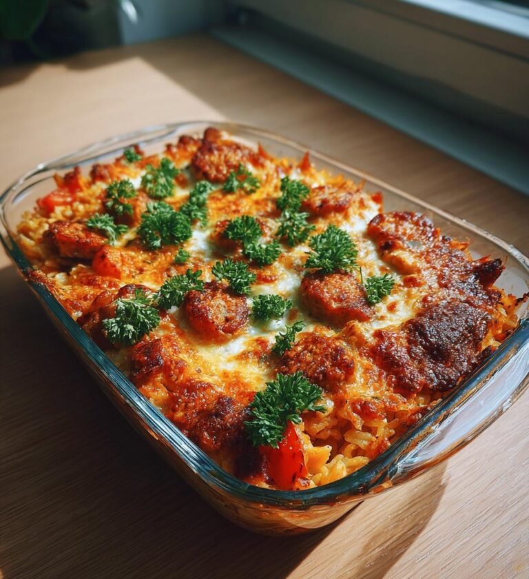 Korv Stroganoff-gratäng med ris och ost