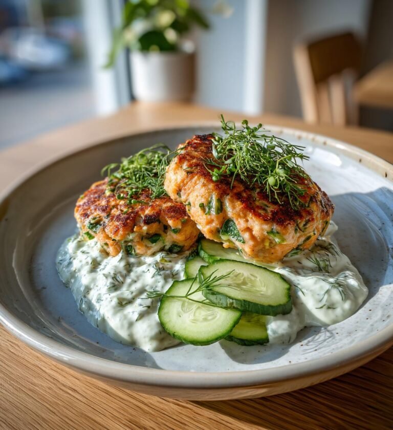 Laxbiffar med kall gurk- och örtsås