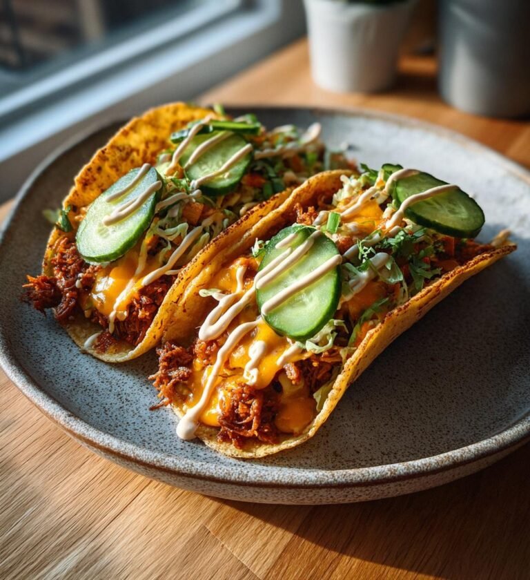 Smashburgartacos med cheddar picklad gurka och dressing