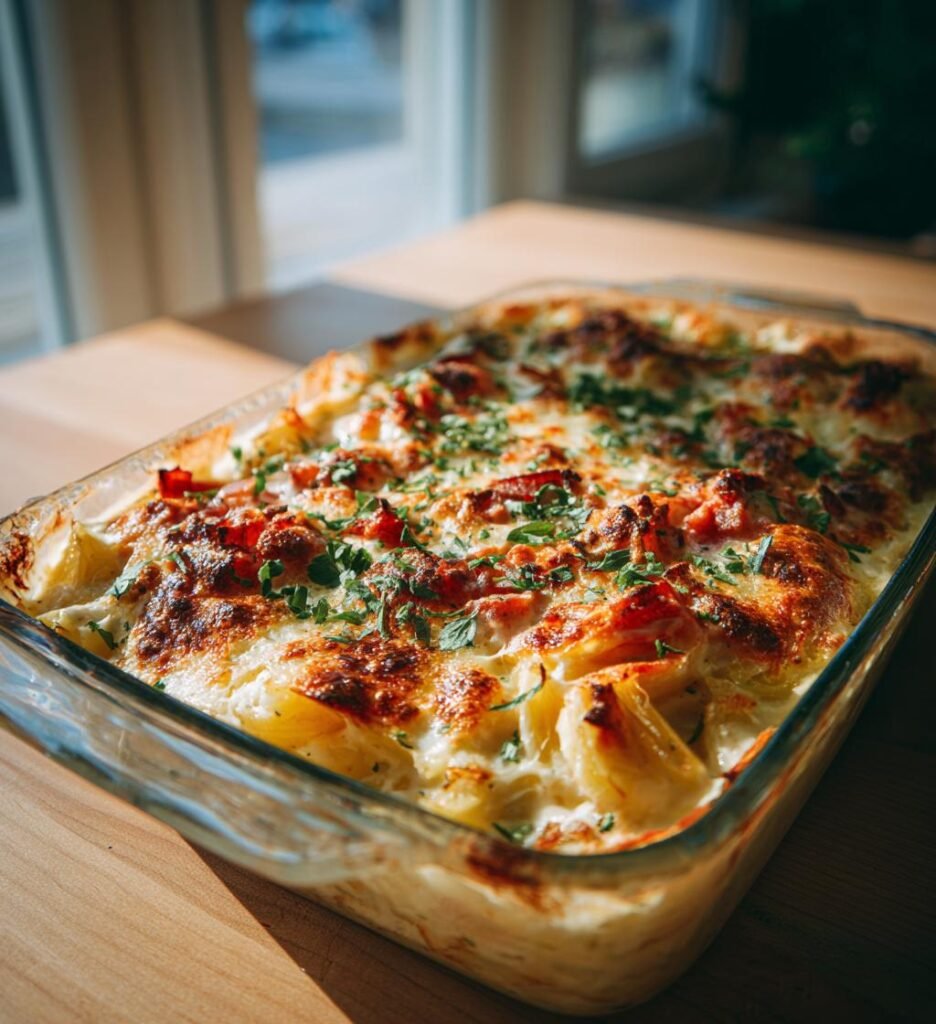 Krämig kasslergratäng med ananas och purjolök