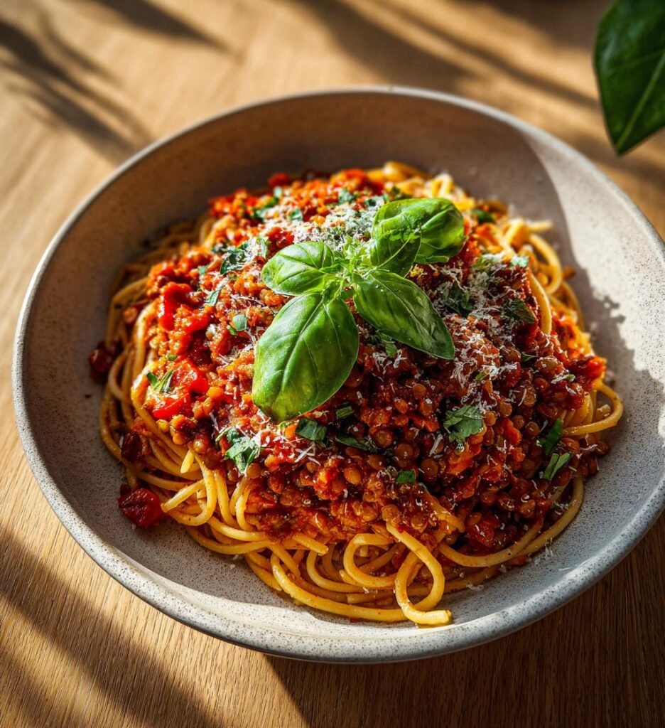 Vegansk linsbolognese med spaghetti