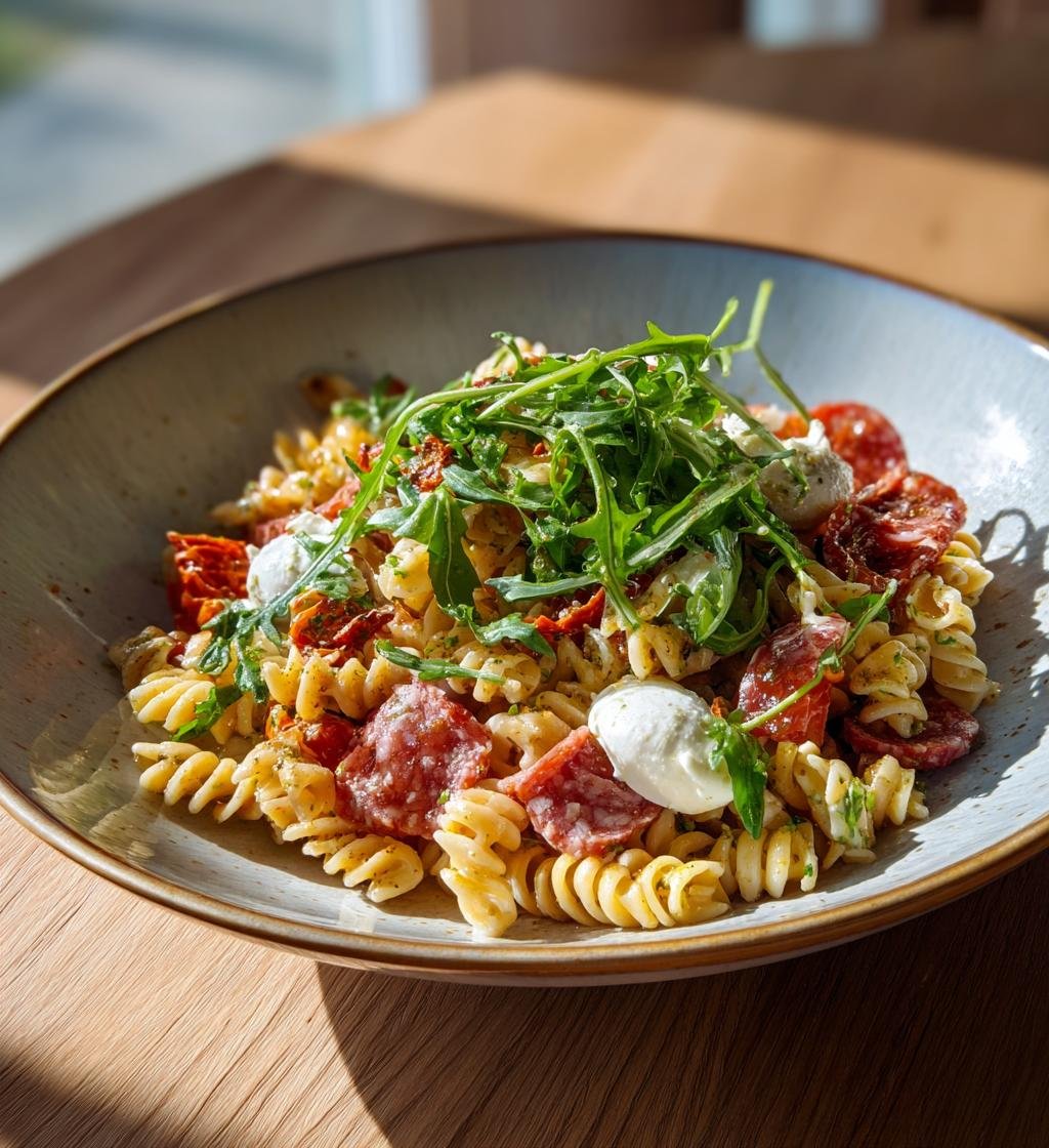 Pastasallad med salami mozzarella och soltorkade tomater – Enkel och God