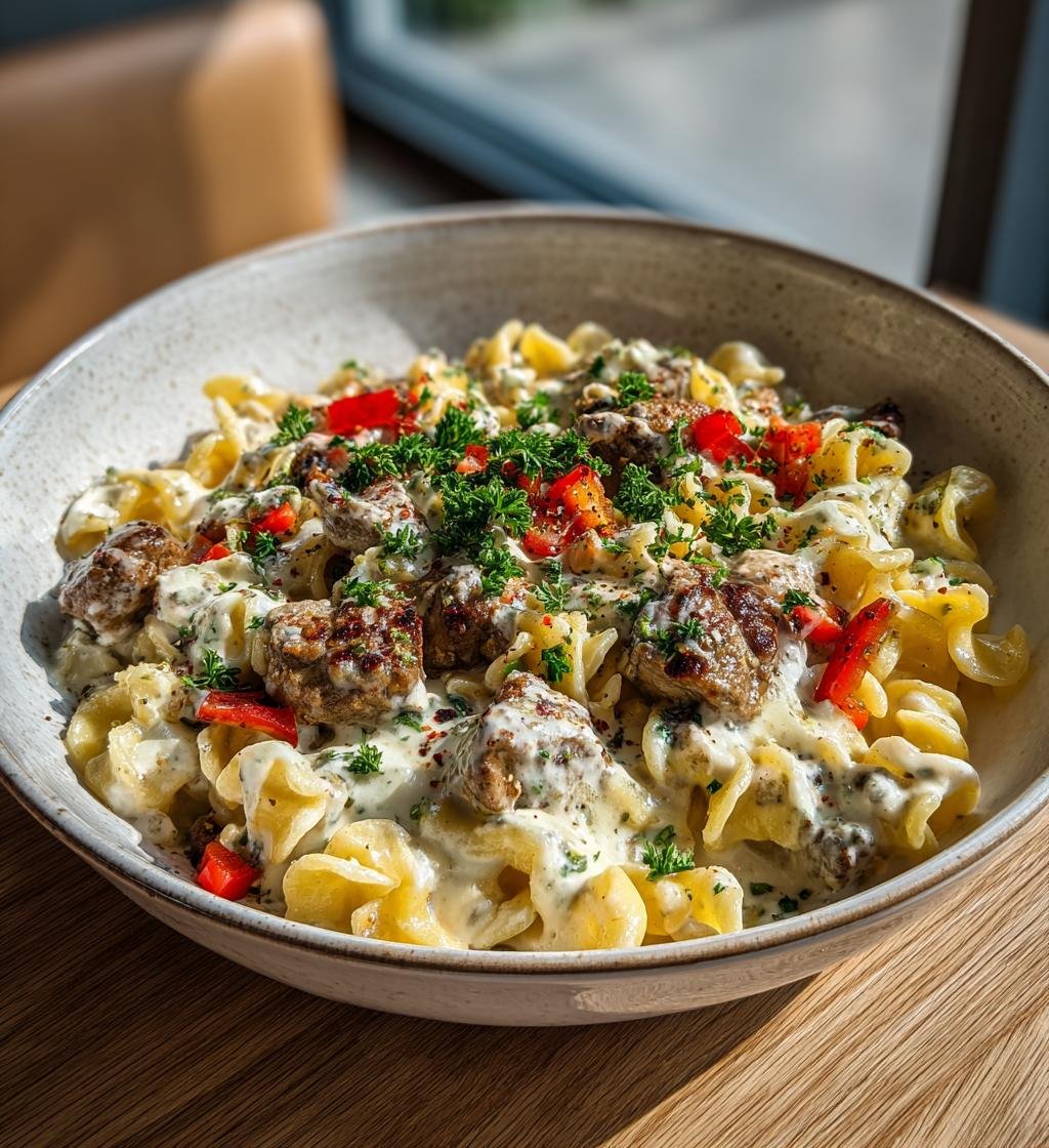 Kebabpasta med paprika och krämig vitlökssås – Enkel och god middag - steg för steg