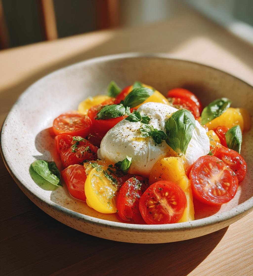 Burrata med marinerade tomater, persika och basilika - En krämig favorit