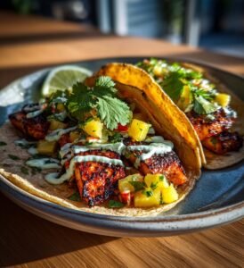 Halloumitacos med ananassalsa och limekräm