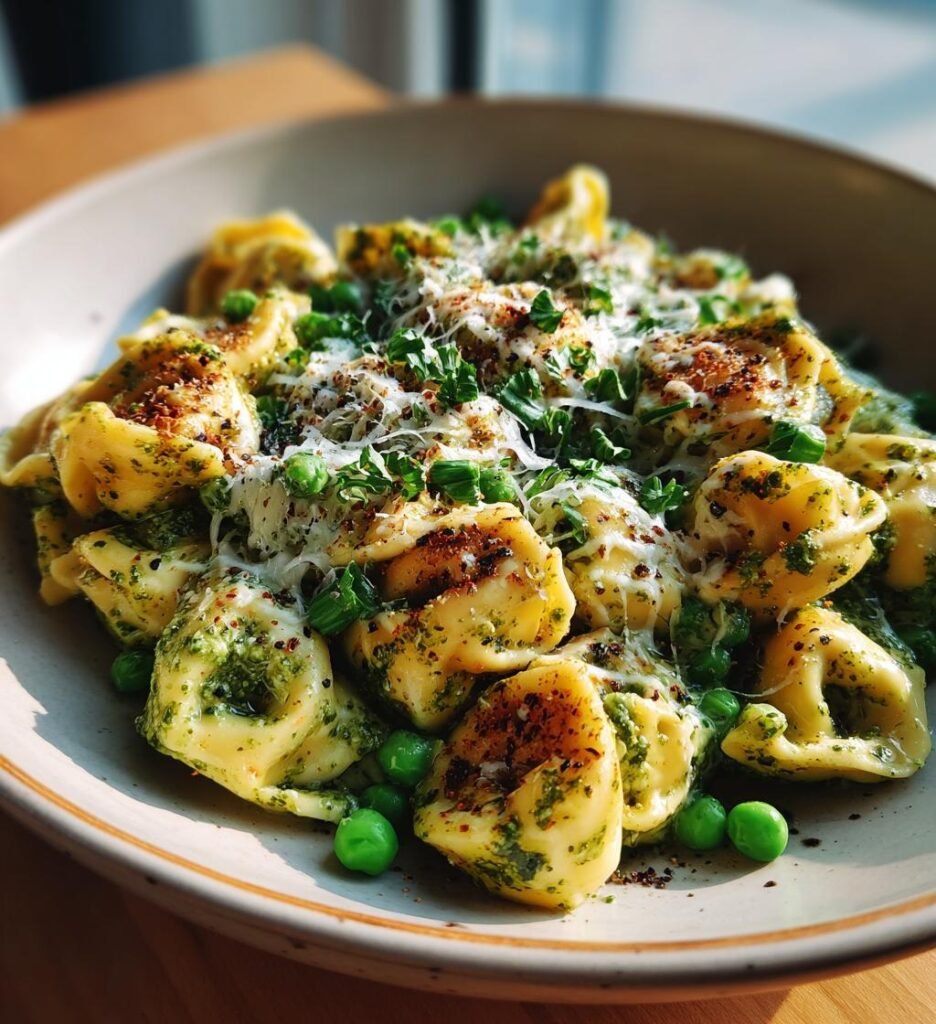 Tortellinipanna med pesto ärter och mozzarella