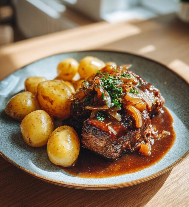 Pannbiff med stekt lök och skysås