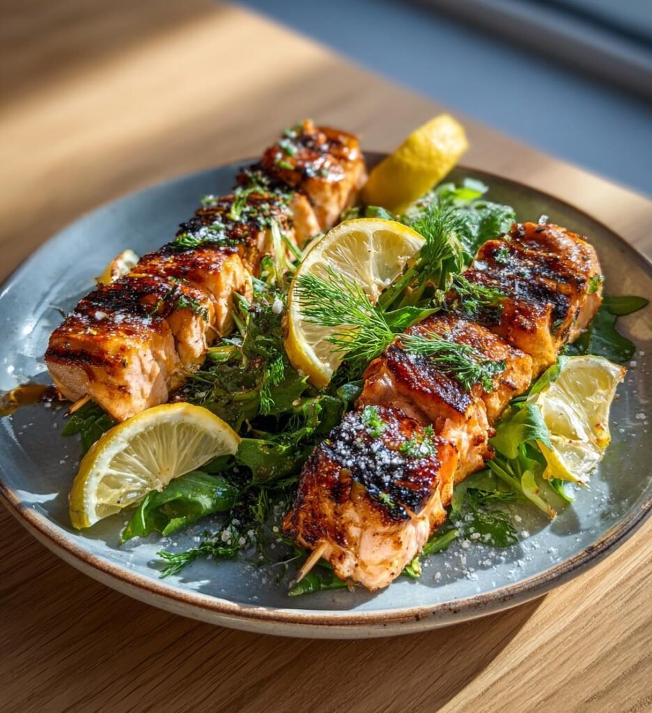 Grillade laxspett med citron och örter