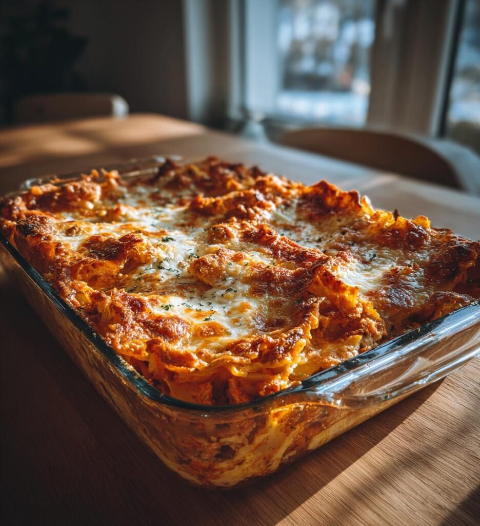 Tacolasagne med kyckling, salsa och cheddar