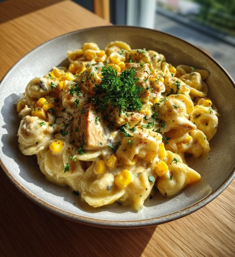 Krämig kycklingpasta med majs och cheddar