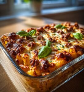 Ugnsbakad pasta med köttfärs och mozzarella
