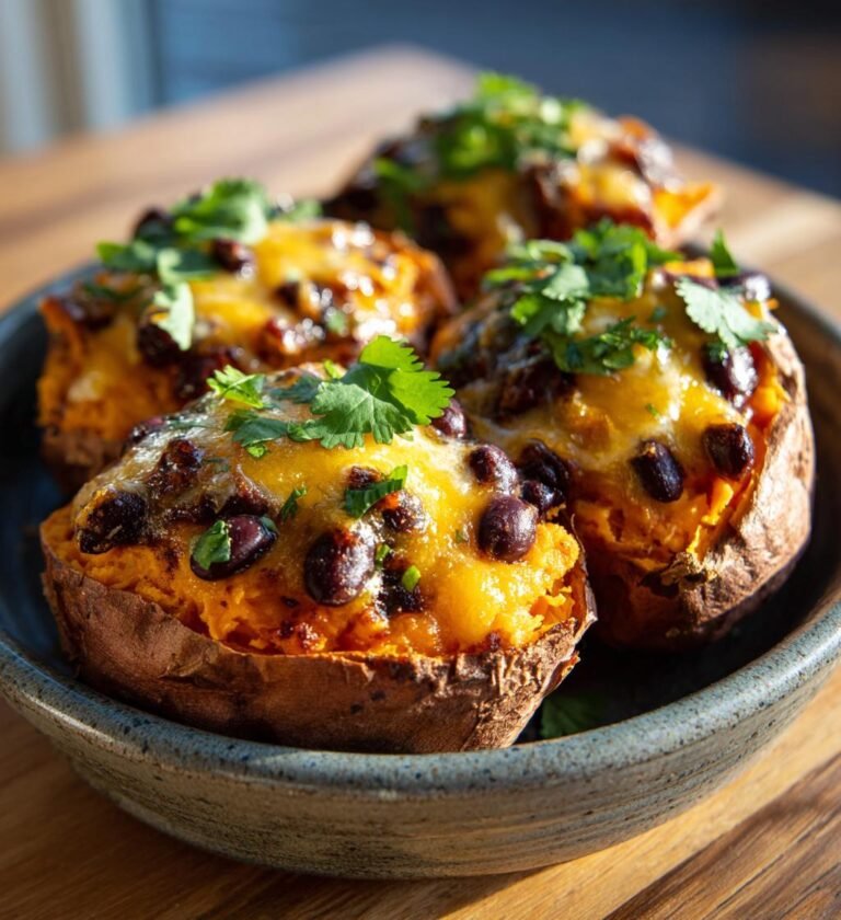 Sötpotatis fylld med svarta bönor och cheddar