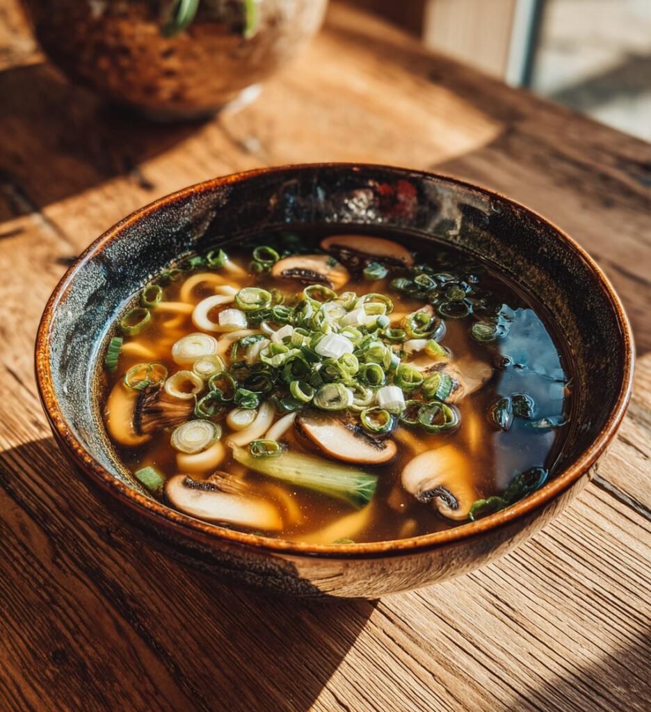 Misosoppa med svamp, nudlar och pak choi