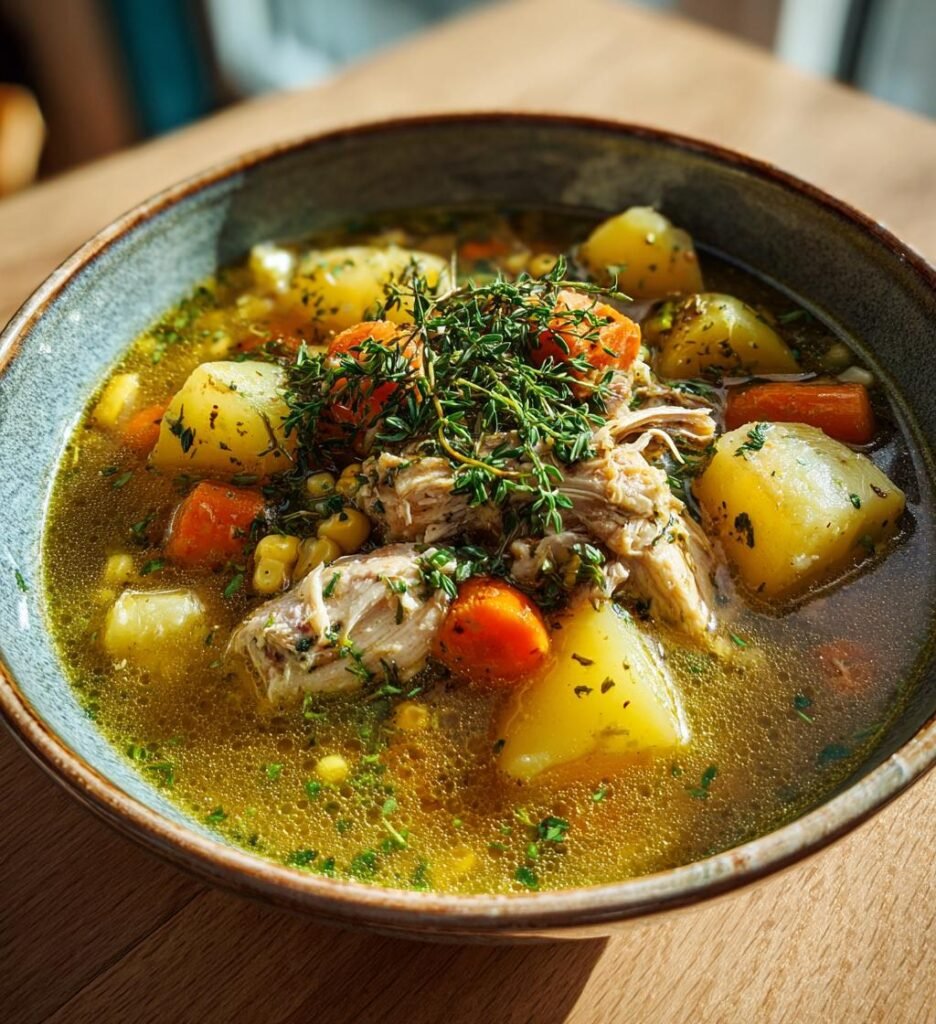 Len kycklingsoppa med majs, potatis och timjan