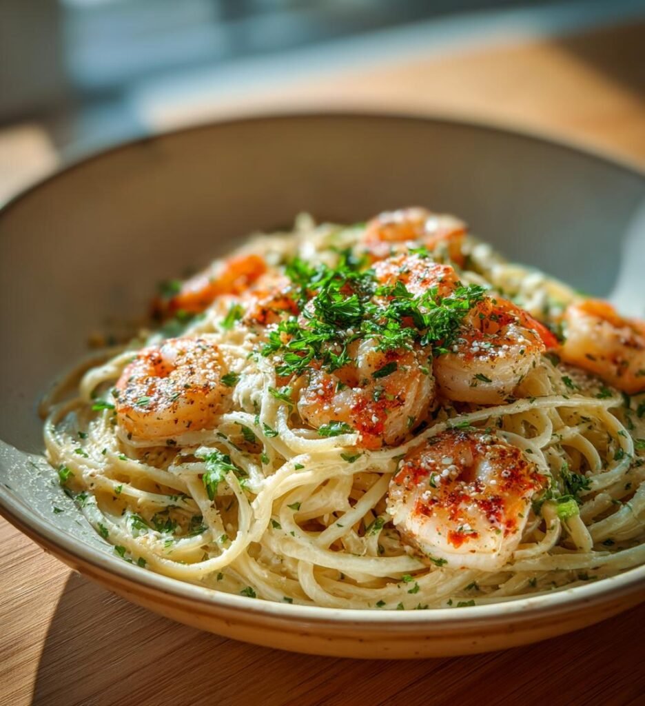 Krämig räkpasta med vitlök och citron