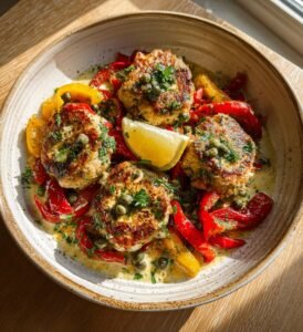 Fläskmedaljonger med paprika, kapris och citronkräm