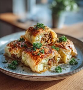 Smördegsrullar fyllda med köttfärs och potatismos