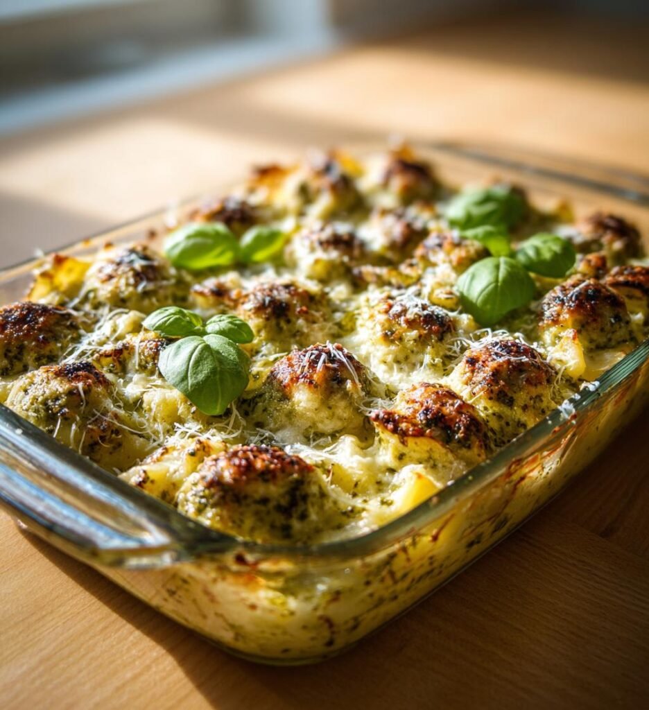Pastagratäng med kycklingköttbullar och pesto