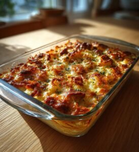 Falukorvsgratäng med potatismos och osttäcke