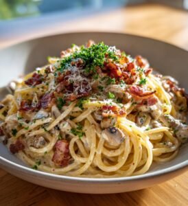 Krämig svamppasta med knaperstekt bacon