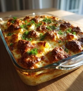 Köttbullegratäng med potatis, vitlök och mozzarella