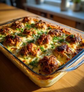 BBQ-köttbullar i krämig cheddargratäng