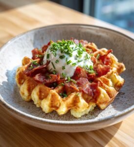 Ostiga potatisvåfflor med bacon och gräddfil