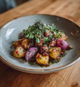 Korvplåt med potatis, rödlök och örtig senapssås