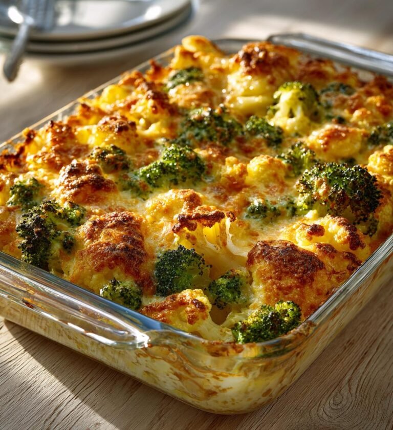 Broccoli- och blomkålsgratäng med mac and cheese-täcke