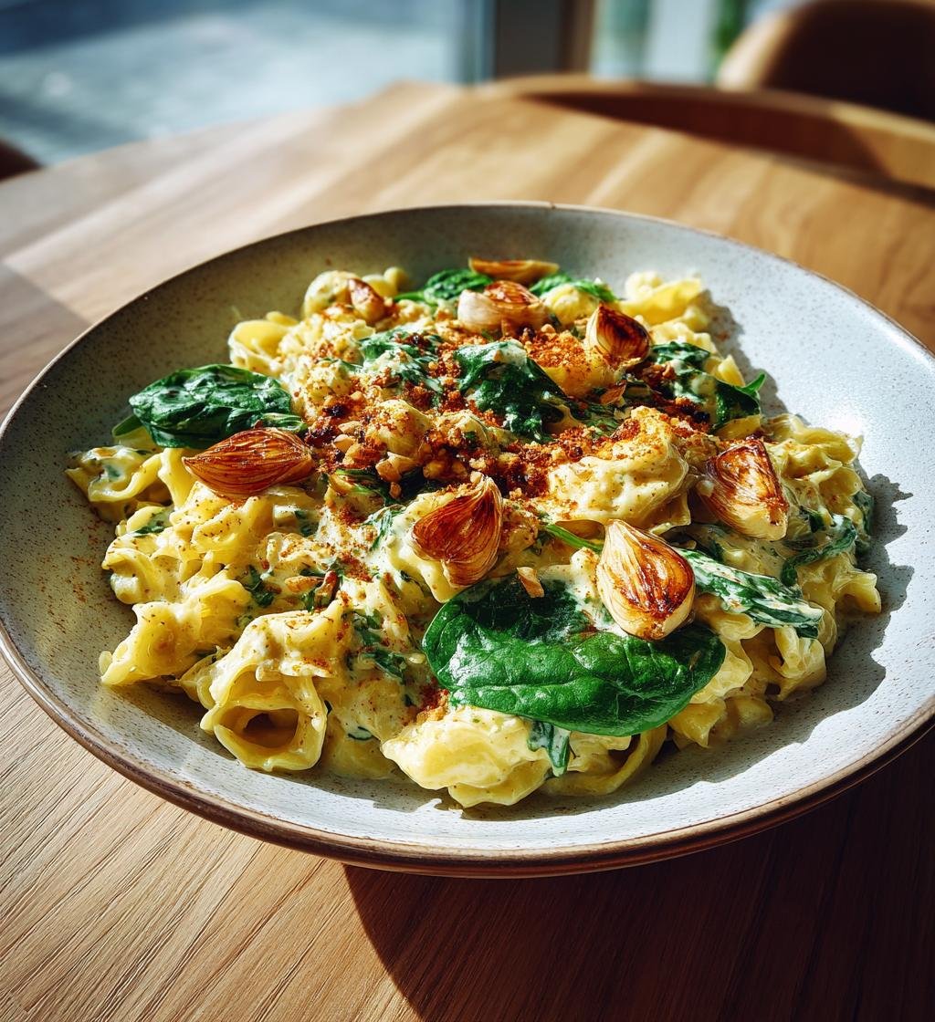 Krämig pasta med rostad vitlök, mascarpone och spenat – Enkel och god