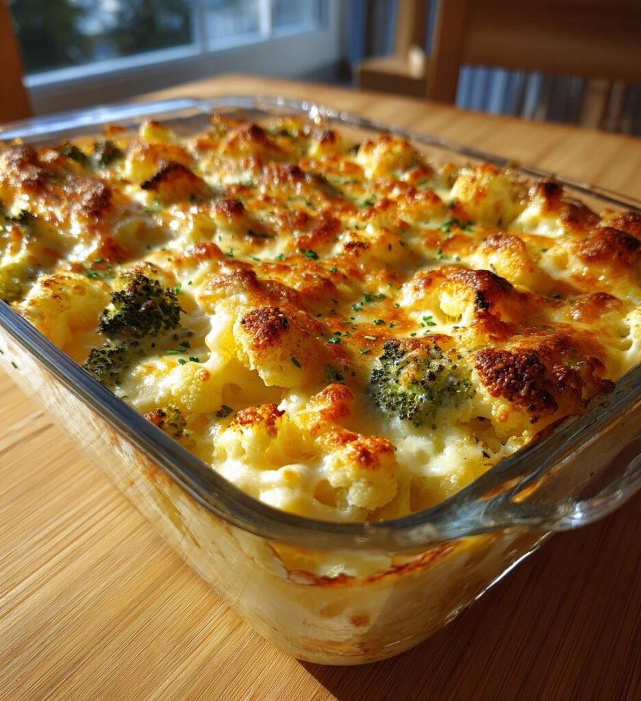Broccoli- och blomkålsgratäng med mac and cheese-täcke