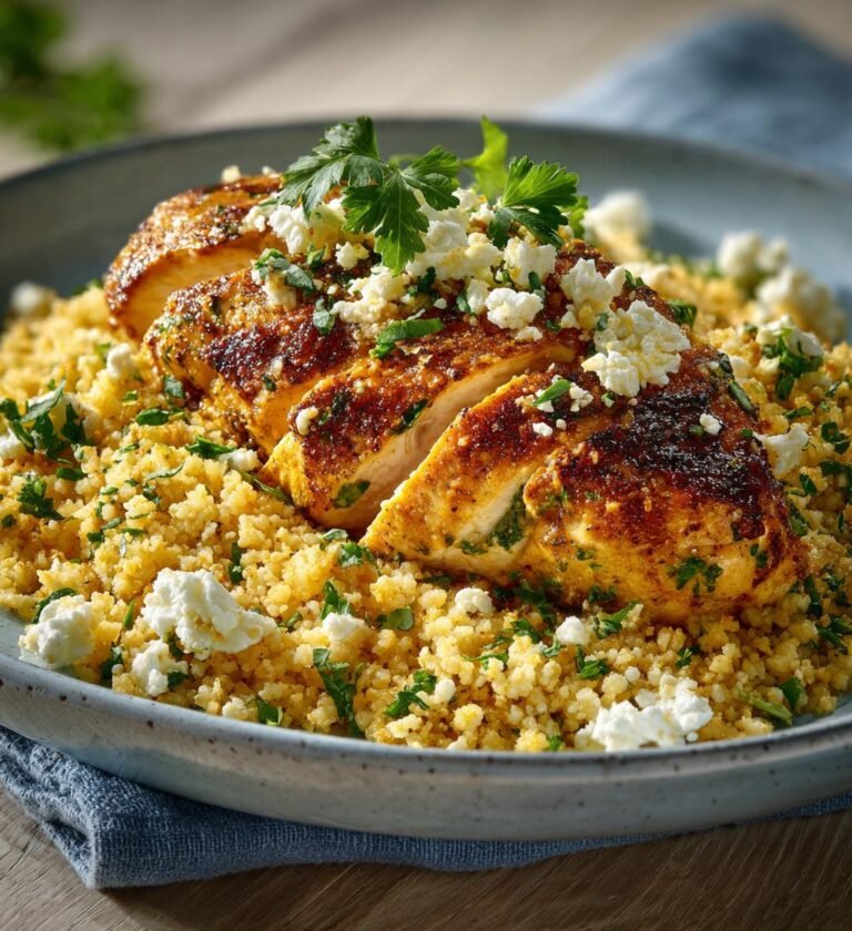 Örtfylld kycklingfilé med citronbulgur och fetaost