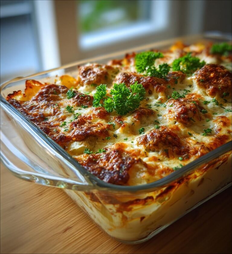 Köttbullegratäng med potatis, vitlök och mozzarella