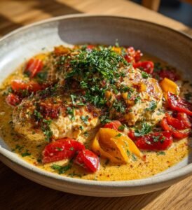 Kyckling i krämig parmesansås med rostad paprika
